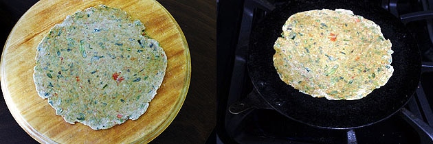 Collage of 2 images showing rolled paratha and placing on tawa.