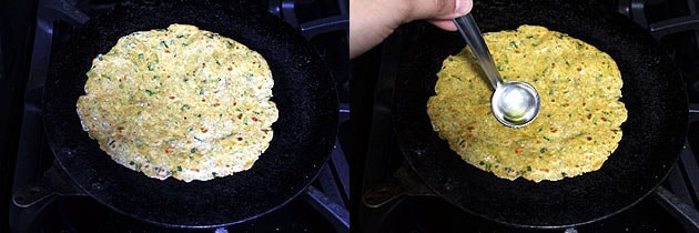 Collage of 2 images showing cooking paratha and drizzling oil.