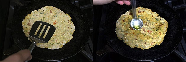 Collage of 2 images showing cooking by pressing with spatula and drizzling oil.