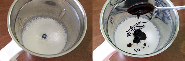 Collage of 2 images showing adding milk and chocolate syrup in the grinder.