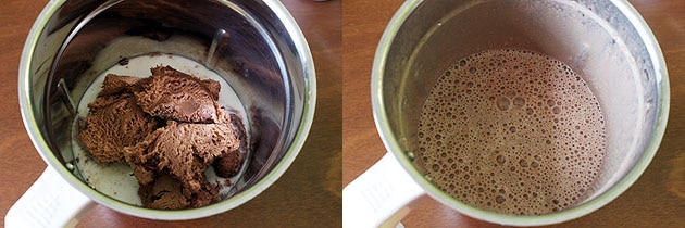 Collage of 2 images showing adding chocolate ice cream and blended. 