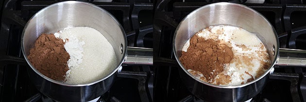 Collage of 2 images showing sugar, corn starch and cocoa powder in a pan and adding milk.