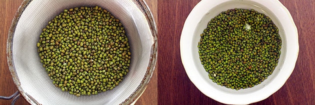 Collage of 2 images showing moong beans in a colander and soaking in a bowl.