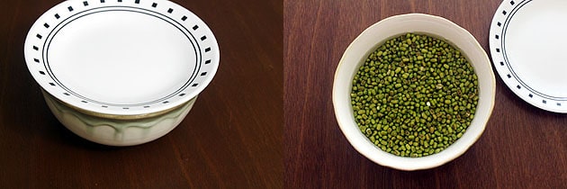 Collage of 2 images showing bowl is covered and soaked beans.