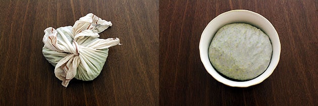 Collage of 2 images showing tie the napkin and placing in a bowl.