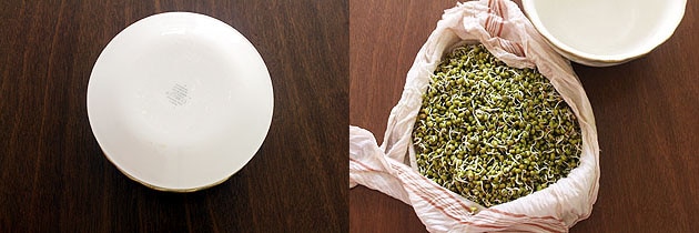 Collage of 2 images showing covered the bowl and sprouted moong.