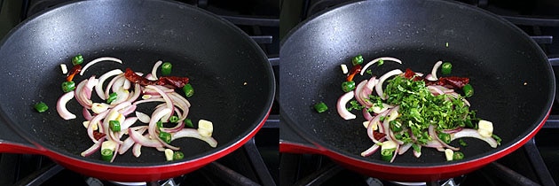 Collage of 2 images showing cooked onion and adding herbs.