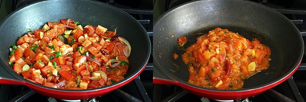Collage of 2 images showing cooking and cooked tomatoes.