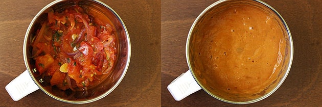 Collage of 2 images showing cooked mixture in a grinder jar and ground into paste.
