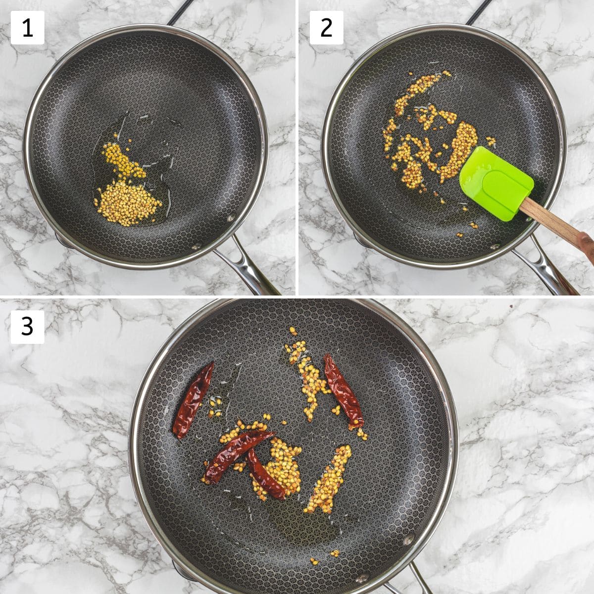 Collage of 3 images showing roasting coriander seeds, methi seeds and dried chilies.