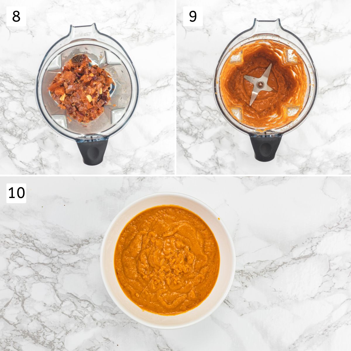 Collage of 3 images showing cooked mixtute in a blender and made into paste, removed to a bowl.
