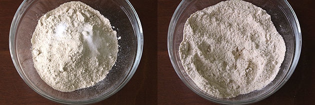 Collage of 2 images showing flour, salt in a bowl and mixed.