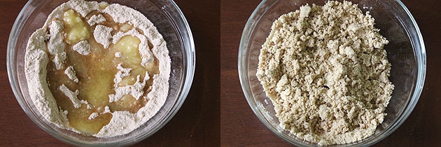 Collage of 2 images showing adding ghee and mixed into flour.