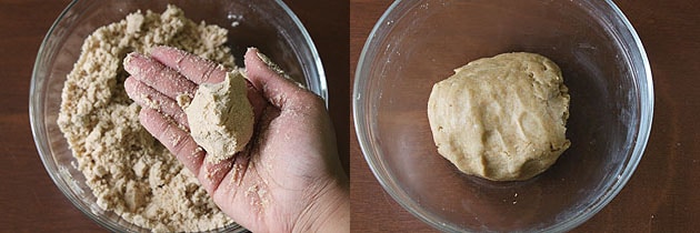 Collage of 2 images showing pinched dough and ready dough.