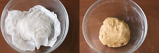 Collage of 2 images showing covered with napkin and rested dough.
