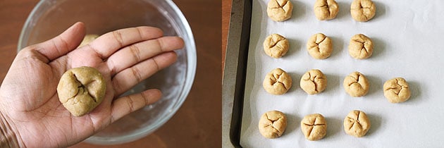 Collage of 2 images showing making indentation of plus sign and arranged on a baking tray.