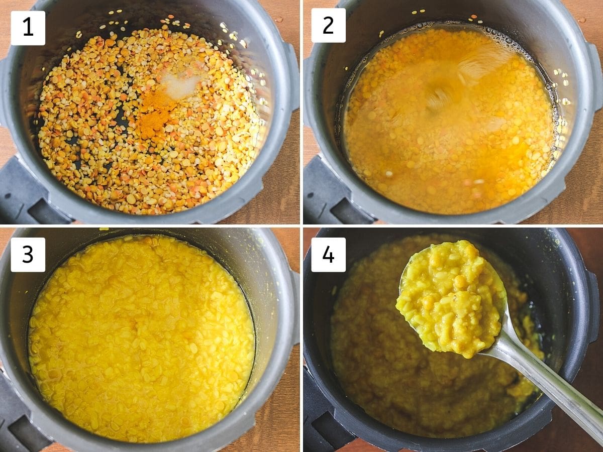 Collage of 4 images showing mixture of lentils in pressure cooker with water, turmeric and cooked lentils.