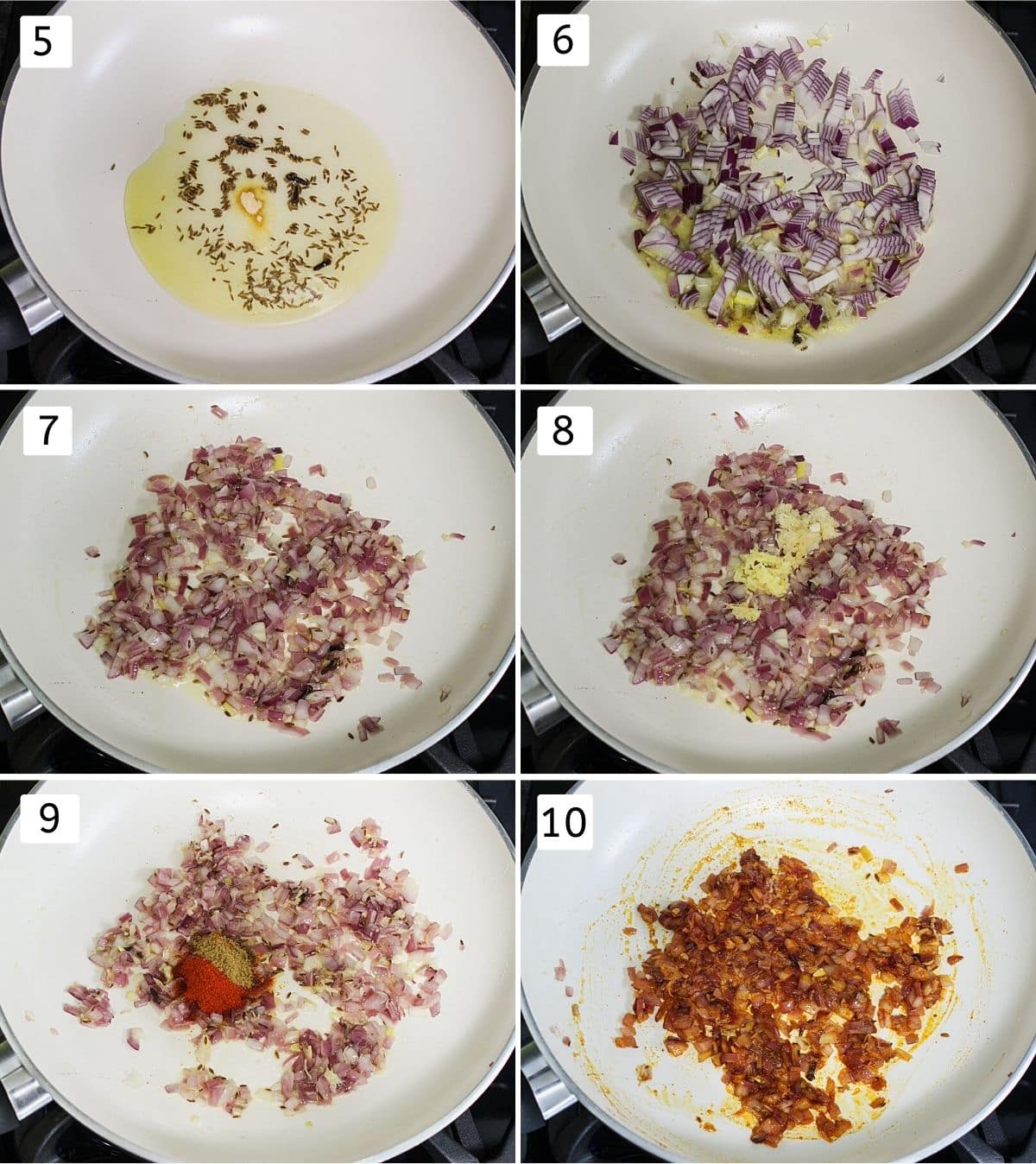 Collage of 6 images showing tempering spices, cooking onion, ginger, garlic and mixing spices.