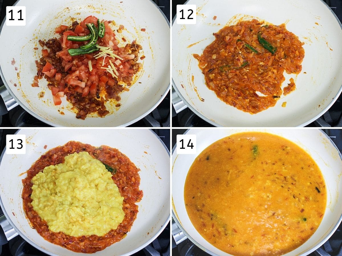 Collage of 4 images showing coking tomatoes, chilies and adding, mixing dal.