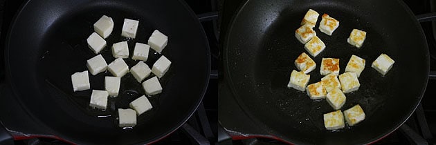 Collage of 2 images showing adding paneer cubes in the oil and shallow frying.