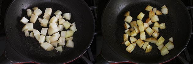 Collage of 2 images showing shallow frying boiled potato cubes.