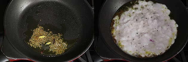Collage of 2 images showing adding cumin seeds and onion paste.