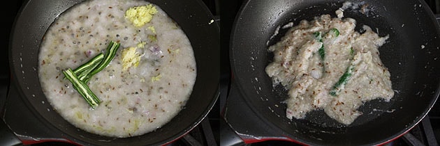 Collage of 2 images showing simmering paste and cooked down paste.