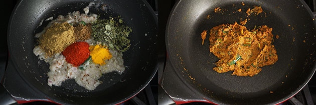 Collage of 2 images showing adding spice powders and mixing.