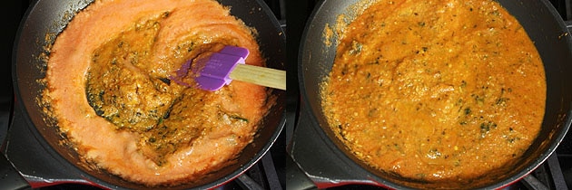 Collage of 2 images showing mixing tomato puree and simmering.