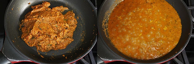 Collage of 2 images showing cooked paste and adding water to make gravy.