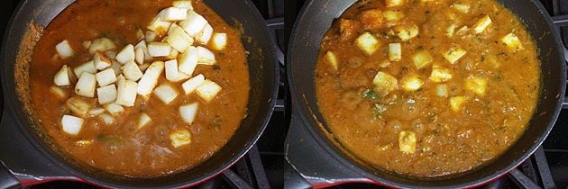 Collage of 2 images showing adding and mixing fried paneer, potatoes.