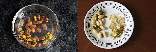 Collage of 2 images showing soaked almonds and pista in the water and peeled, sliced in a plate.