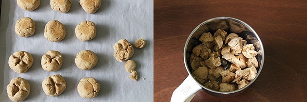 Collage of 2 images showing cooked bati on a tray and broken pieces in the grinder jar.