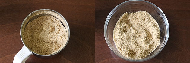 Collage of 2 images showing making powder and removed to a bowl.