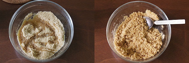 Collage of 2 images showing adding ghee and mixed.