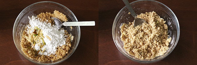 Collage of 2 images showing adding powdered sugar and chopped nuts, mixed together.
