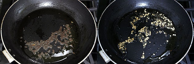 Collage of 2 images showing tempering of mustard seeds and urad dal.