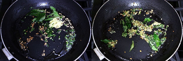 Collage of 2 images showing adding and frying ginger paste and curry leaves.