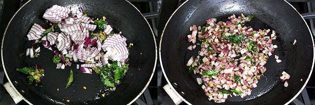 Collage of 2 images showing adding and cooking onion.