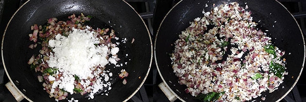 Collage of 2 images showing adding and mixing coconut.