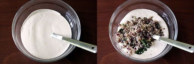 Collage of 2 images showing batter in a bowl and adding cooked onion mixture.