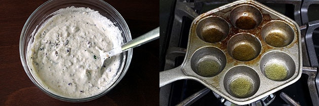 Collage of 2 images showing ready batter and heating paniyaram pan.