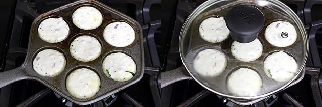 Collage of 2 images showing adding batter in the section and covered with a lid.