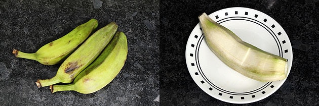 Collage of 2 images showing raw bananas and peeled banana.