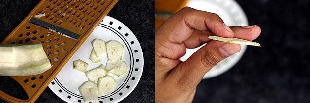 Collage of 2 images showing slicing raw banana and showing thickness.