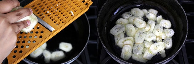Collage of 2 images showing slicing banana into the hot oil and frying.