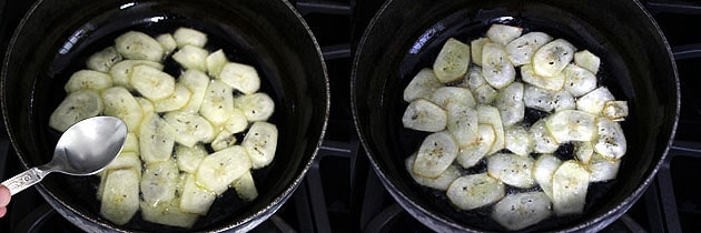 Collage of 2 images showing adding a spoon of salt water and frying.