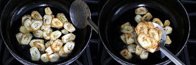 Banana chips are golden brown and removing from the oil.