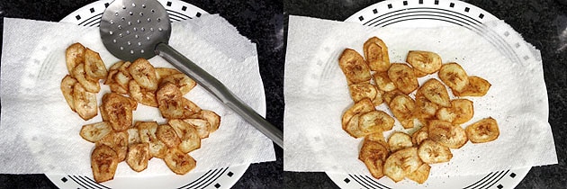 Collage of 2 images showing fried banana chips on a plate and sprinkled salt and pepper.