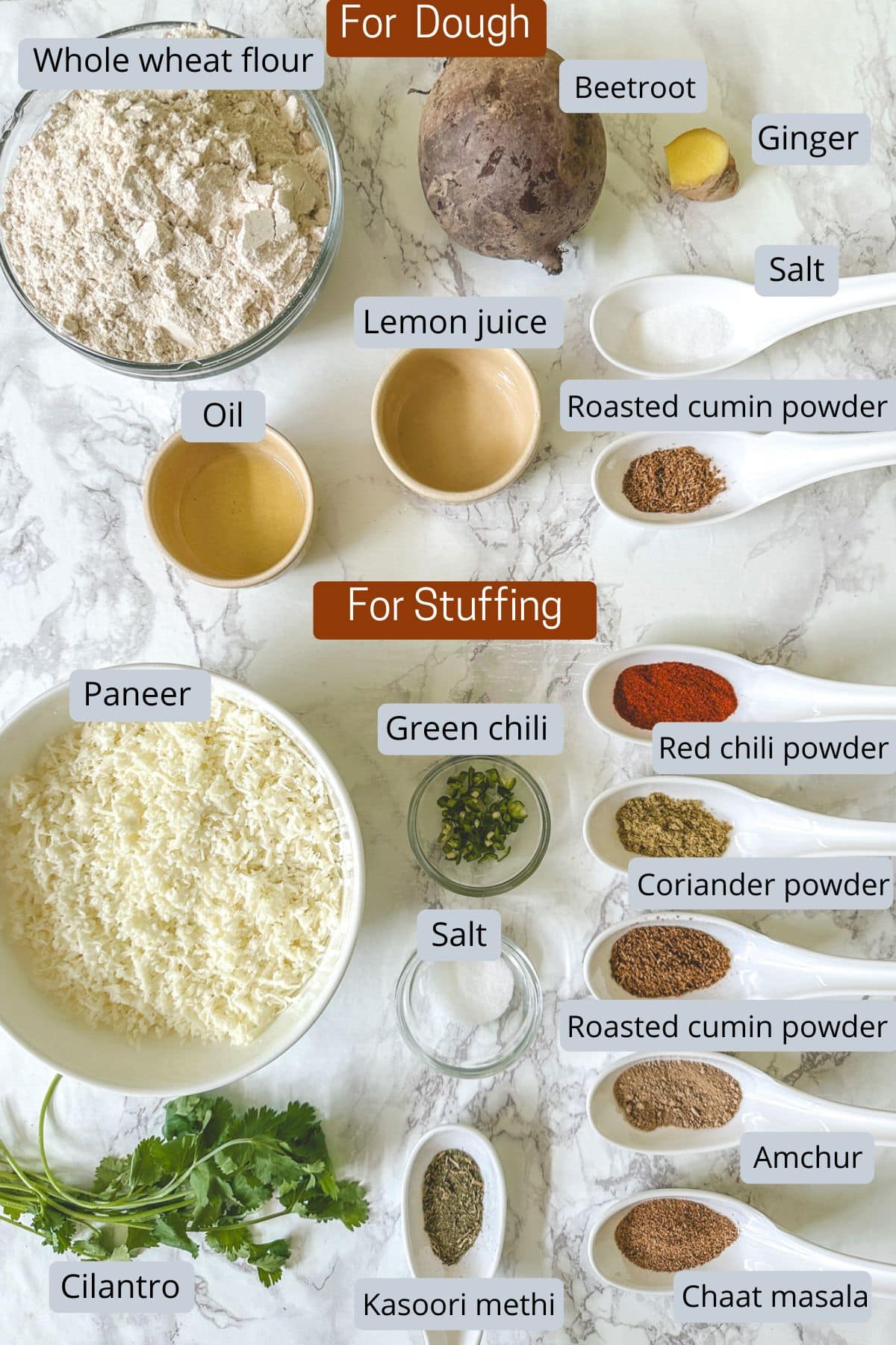 Beetroot paratha ingredients in bowls and spoons with labels.